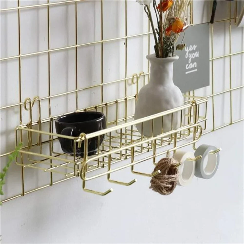 Gold Wall Grid Panel Set Photo Display Organizer with Hooks Clips 2 Pack